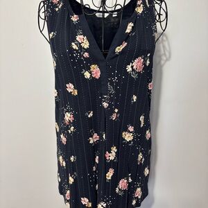 Dark Blue Floral Sleeveless V-Neck Top
